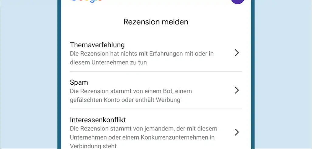 Google Bewertungen löschen - Rezension melden Optionen