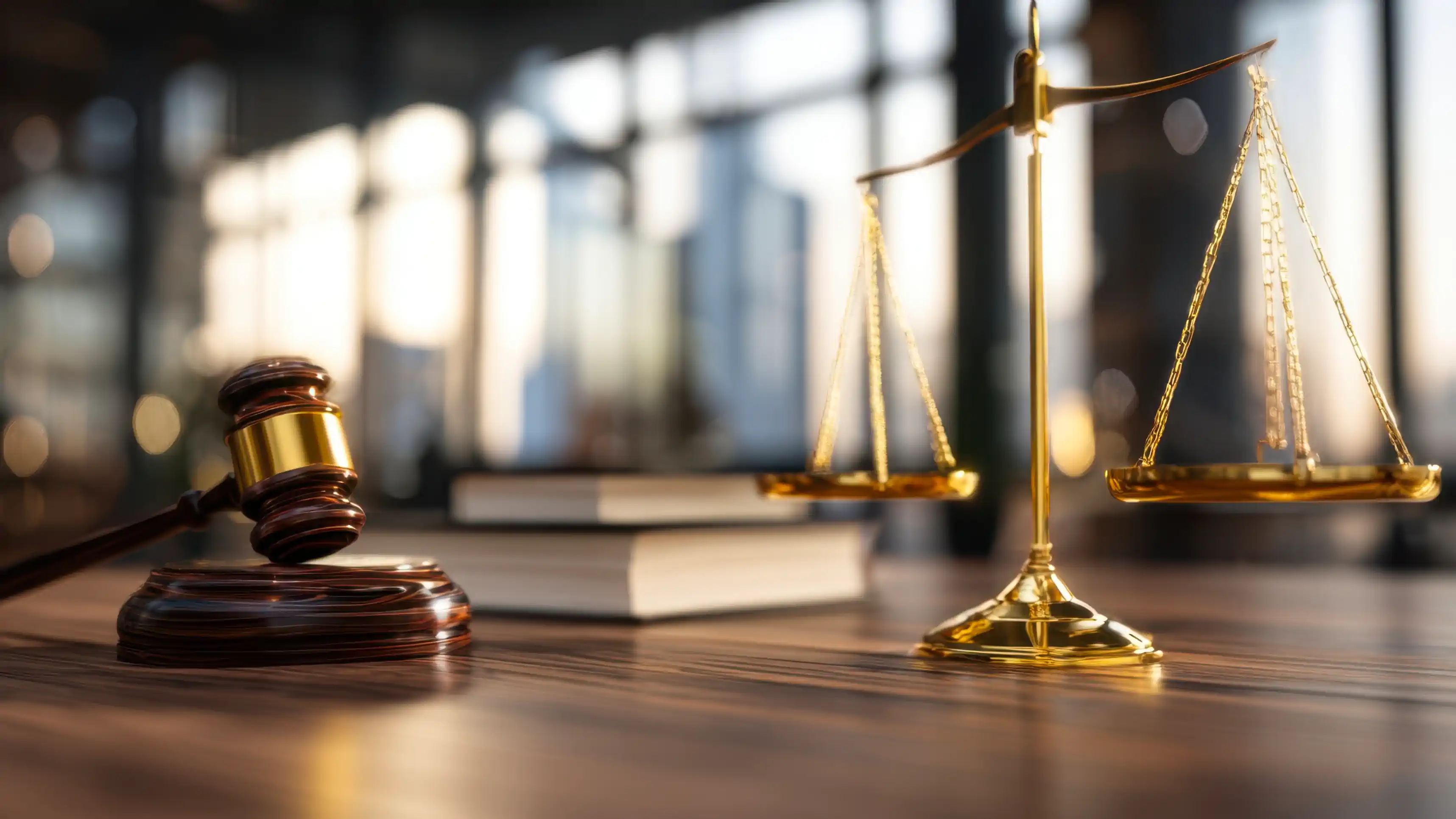 Waage der Justitia und ein Hammer auf einem Richtertisch. Dieses Bild symbolisiert Fairness und Wahrheit. Es stellt die Frage, wie man die Echtheit von Amazon-Bewertungen prüfen kann, um faire Kaufentscheidungen zu treffen.