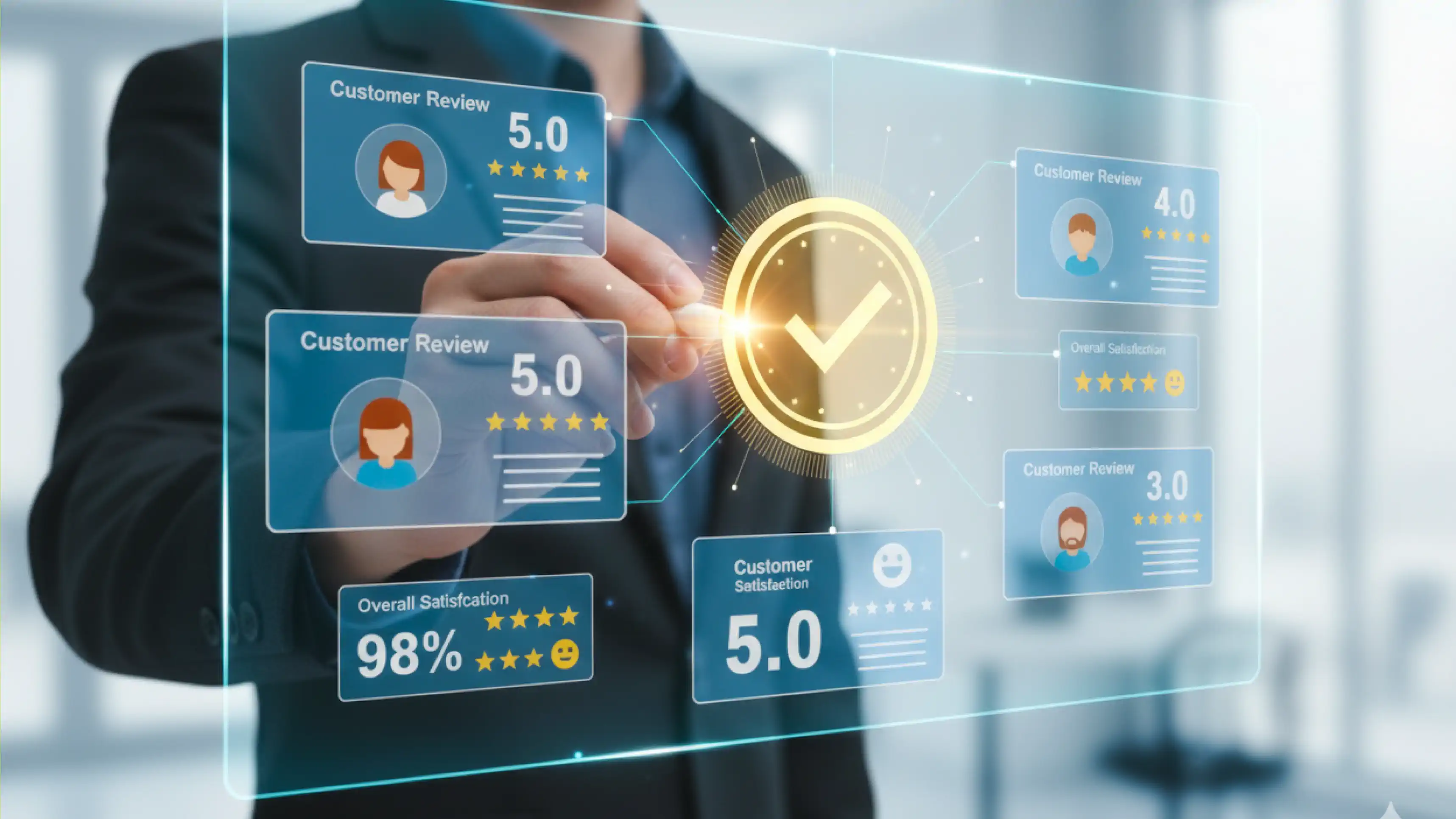 Ein Mann in einem Anzug tippt auf ein futuristisches, transparentes Display, das verschiedene Arztbewertungen und Kundenzufriedenheitsstatistiken anzeigt. Im Zentrum des Displays ist ein großes goldenes Häkchen, umgeben von einem Kreis, das den positiven Abschluss oder die hohe Qualität symbolisiert. Links sind zwei Kundenbewertungen mit 5.0 Sternen und Avataren zu sehen, darunter eine „Overall Satisfaction“ von 98%. Rechts sind weitere Kundenbewertungen mit 4.0 und 3.0 Sternen abgebildet, sowie eine „Customer Satisfaction“ von 5.0. Das Bild visualisiert das Konzept der Bewertung und Verwaltung von Feedback, ideal für Themen wie Online-Arztbewertungen, Patientenfeedback oder Reputationsmanagement im Gesundheitswesen.